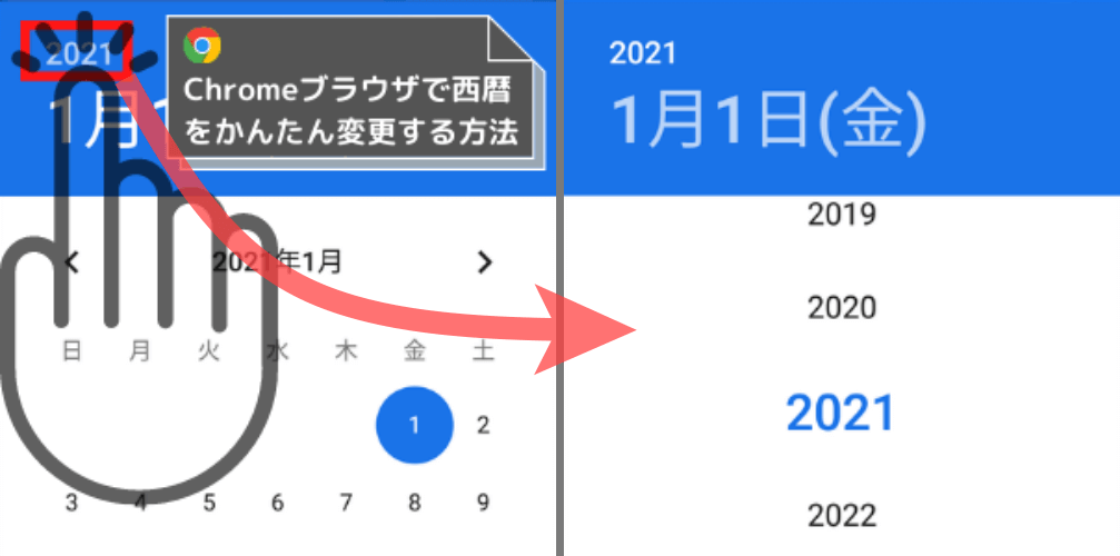 Chromeブラウザカレンダーの場合、左上の西暦をタップでかんたん変更